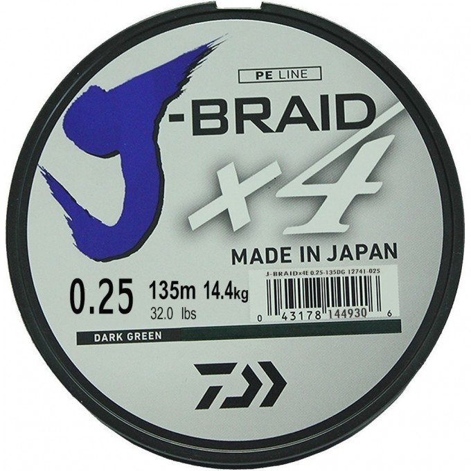 Шнур DAIWA J-Braid X4 0,25мм 135м Dark green 12741-025 Шнур DAIWA J-Braid X4 0,25мм 135м Dark green 12741-025