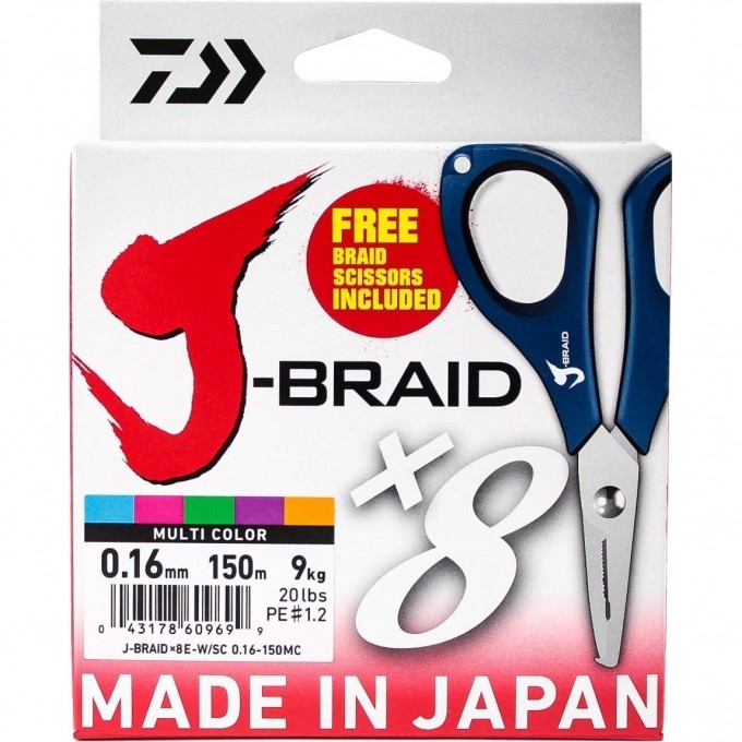 Шнур DAIWA J-Braid X8E-W/SC 0,16мм 150м multicolor + ножницы 40002986 Шнур DAIWA J-Braid X8E-W/SC 0,16мм 150м multicolor + ножницы 40002986