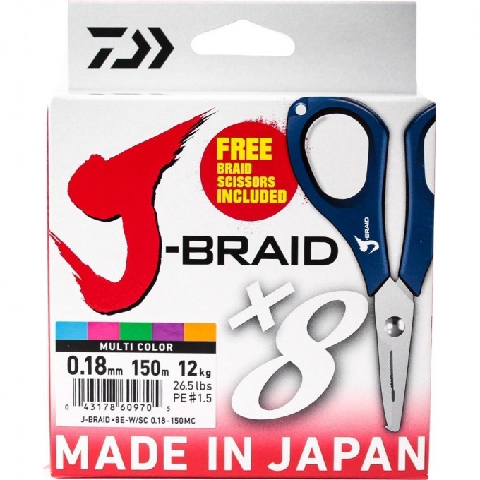 Шнур DAIWA J-Braid X8E-W/SC 0,18мм 150м multicolor + ножницы 40002987 Шнур DAIWA J-Braid X8E-W/SC 0,18мм 150м multicolor + ножницы 40002987